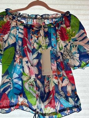 TAJ by Sabrina Crippa Floral Off-Shoulder Blouse in Blue, Green, Red, Pink